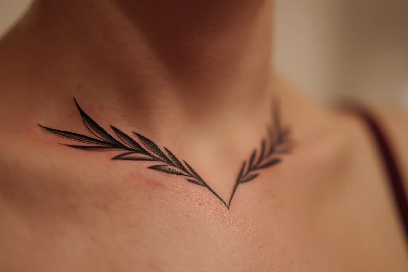 Freshly finished fine-line sternum tattoo on skin with light redness during early healing