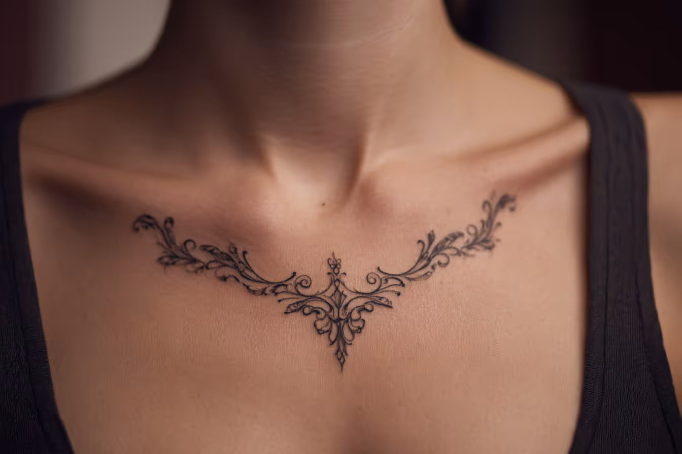 Editorial close-up of a fine-line sternum tattoo on the upper chest, symmetrical black-ink ornamental design