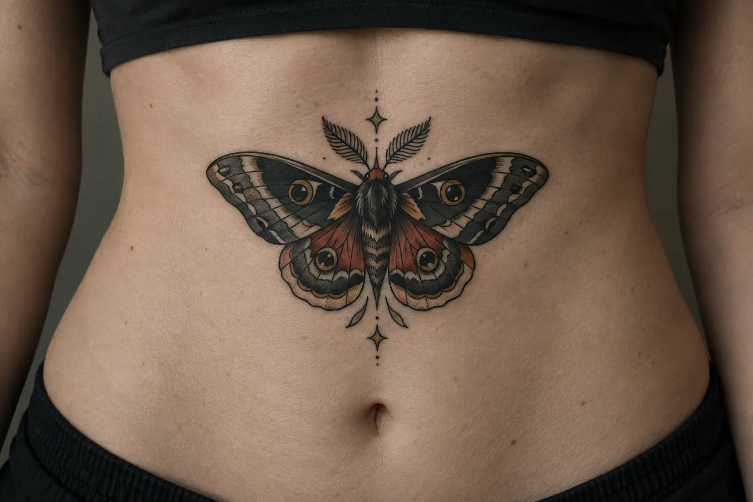 A person displays a large moth tattoo centered on the stomach.