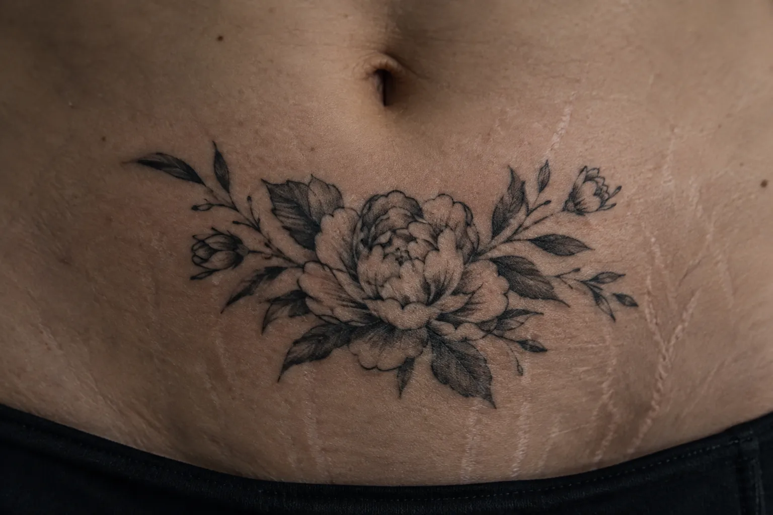 A floral tattoo spans the lower abdomen below the navel.