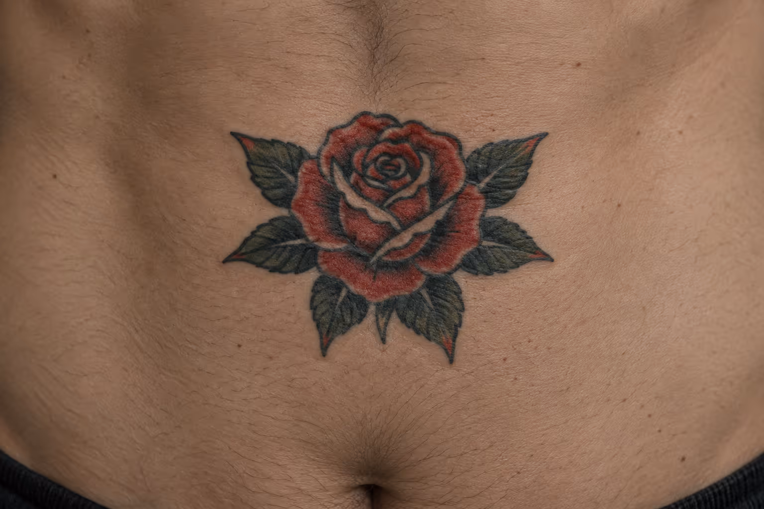 A red rose tattoo sits on a person's upper abdomen above the navel.