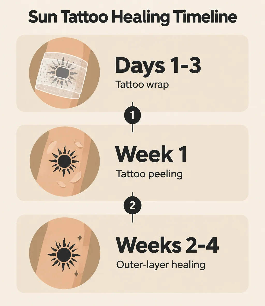 Sun tattoo healing timeline: wrap in days 1-3, peeling in week 1, outer-layer healing in weeks 2-4
