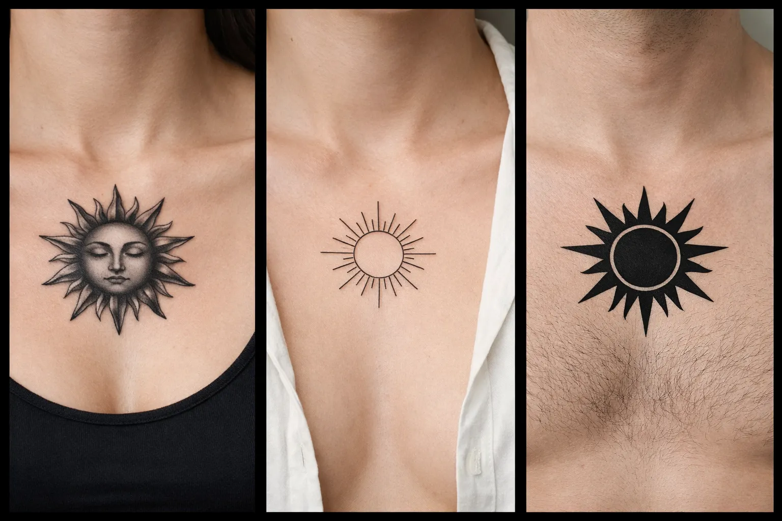 Three people display different sun tattoos on their upper chests.