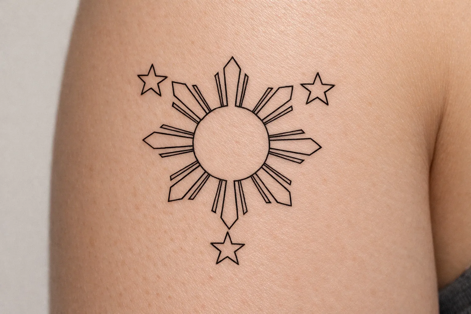 A sun and three stars tattoo is inked on a person's upper arm.