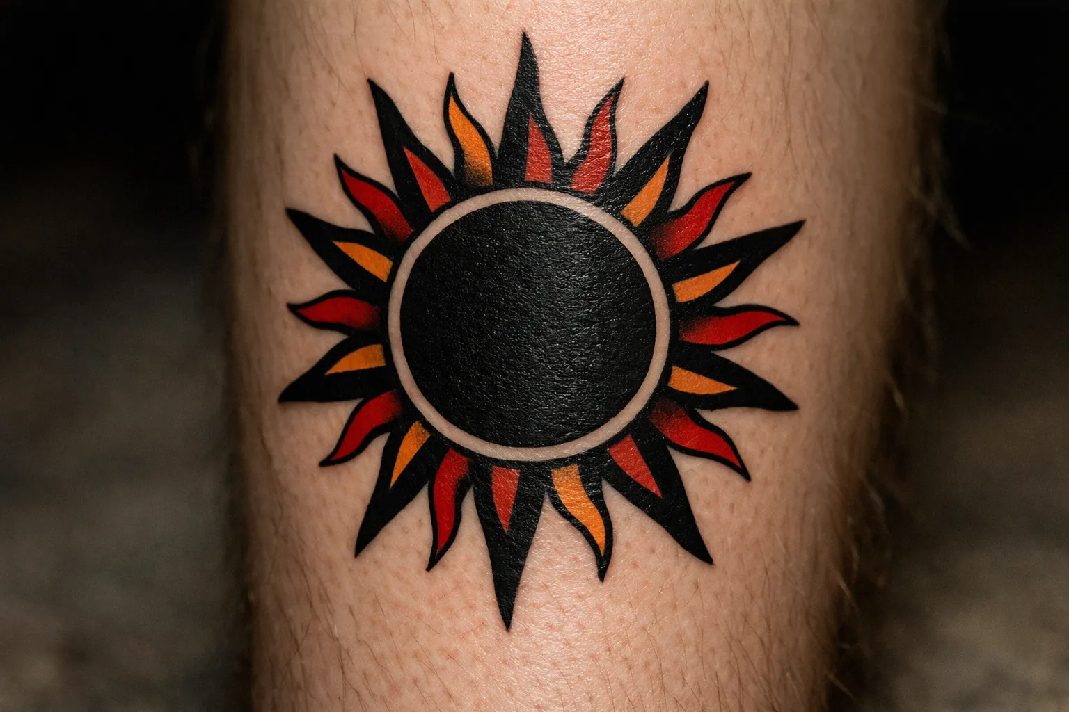A bold sun tattoo with black, red, and orange rays is inked on a person's skin.