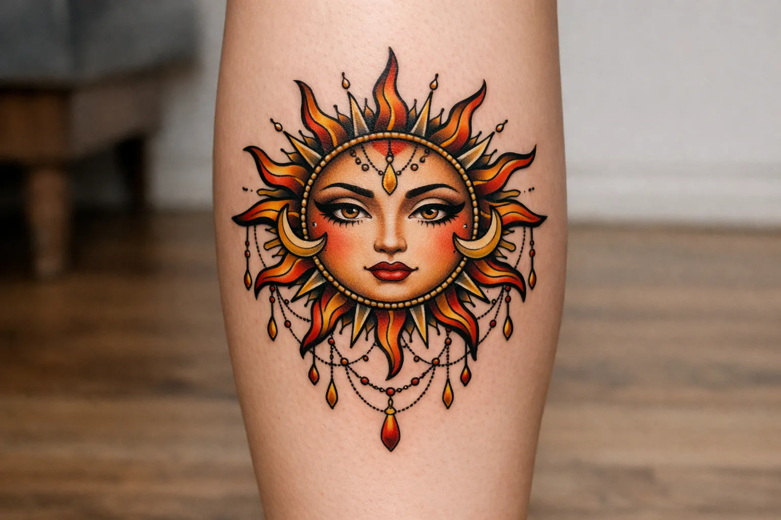 A detailed sun face tattoo with ornate designs on a person's lower leg indoors.