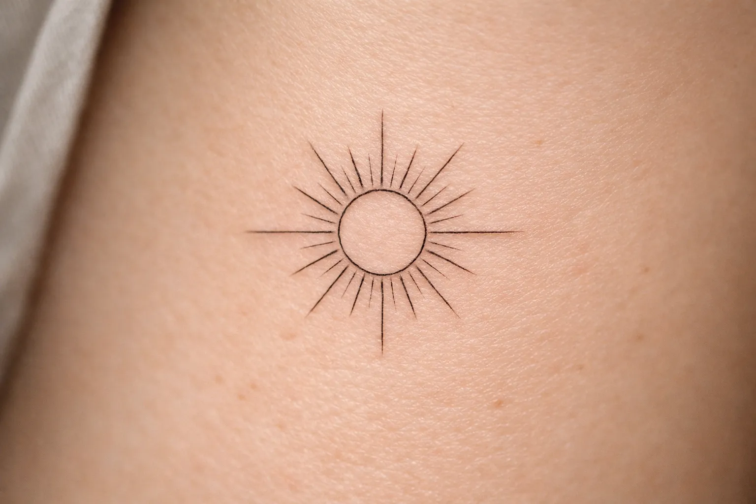 A simple sun tattoo is inked on a person's skin.