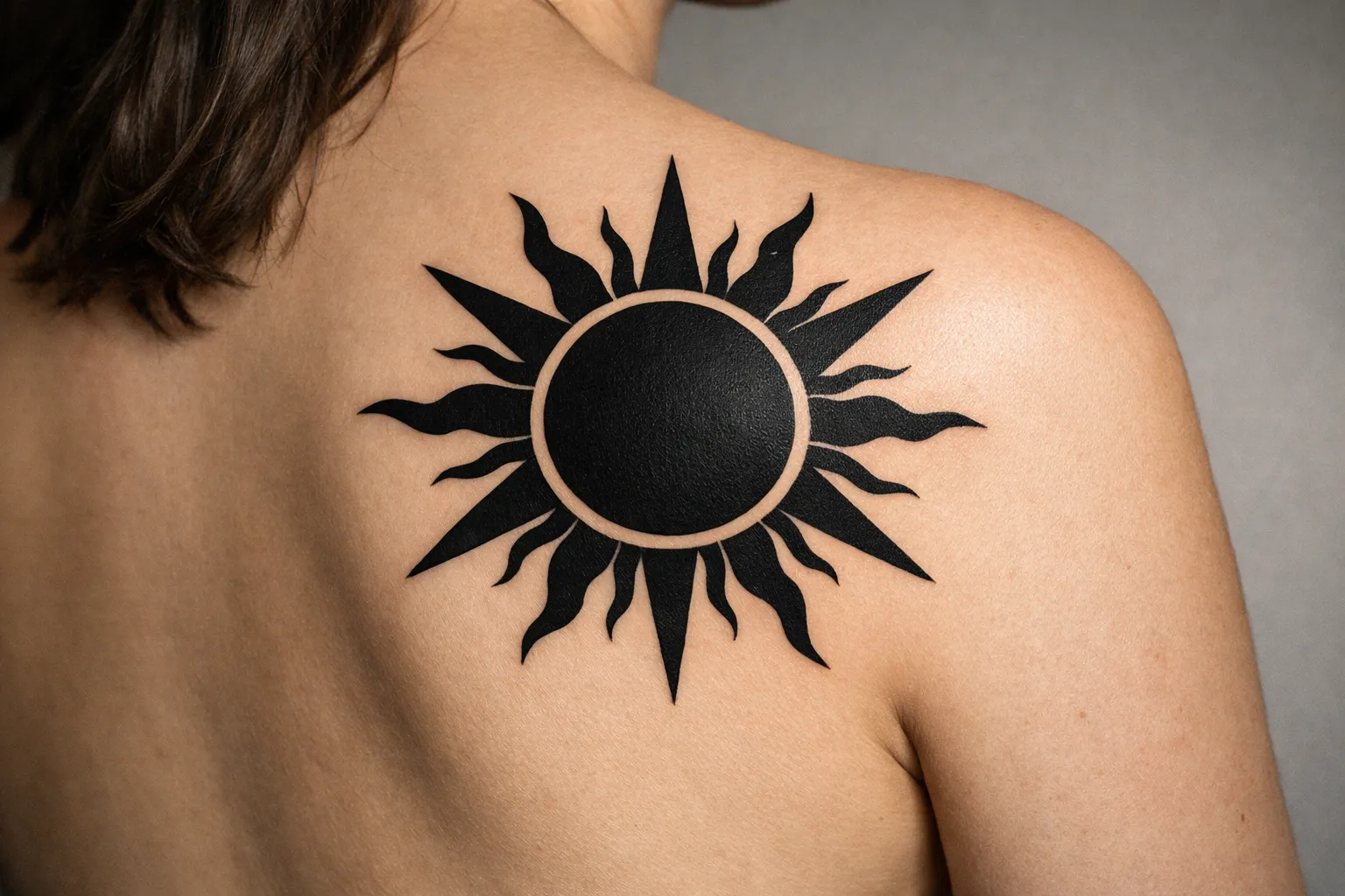 A person with a large black sun tattoo on their shoulder blade.