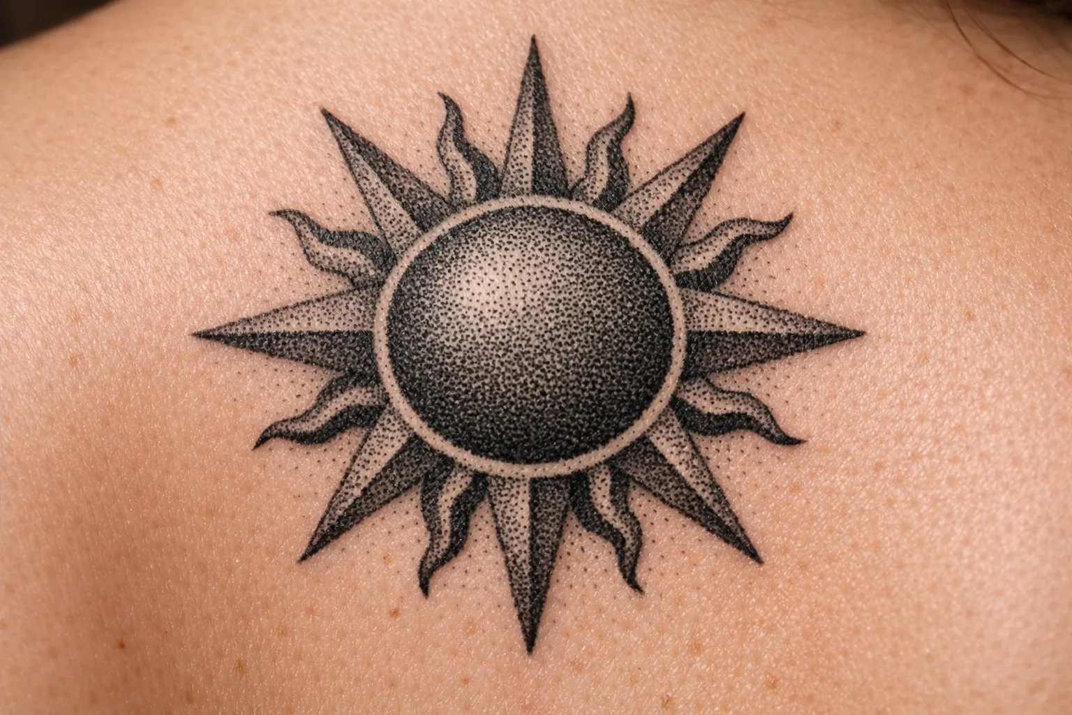 A sun tattoo is inked in black on a person's upper back.