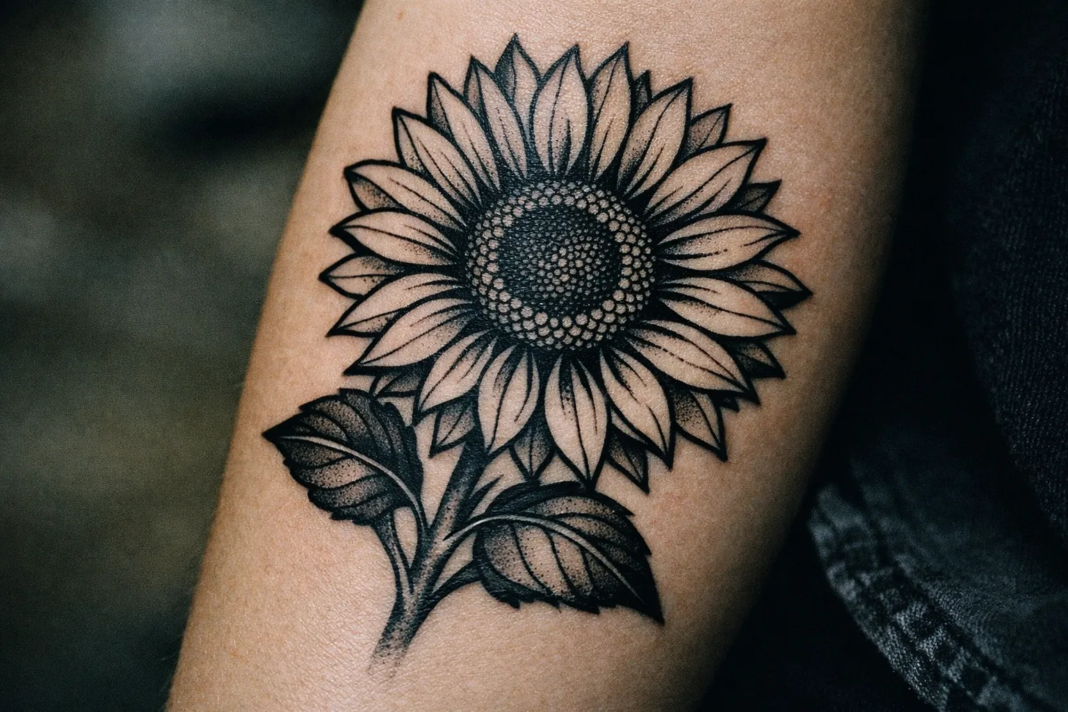 Close-up of a sunflower tattoo on forearm illustrating symbolism of resilience and optimism.