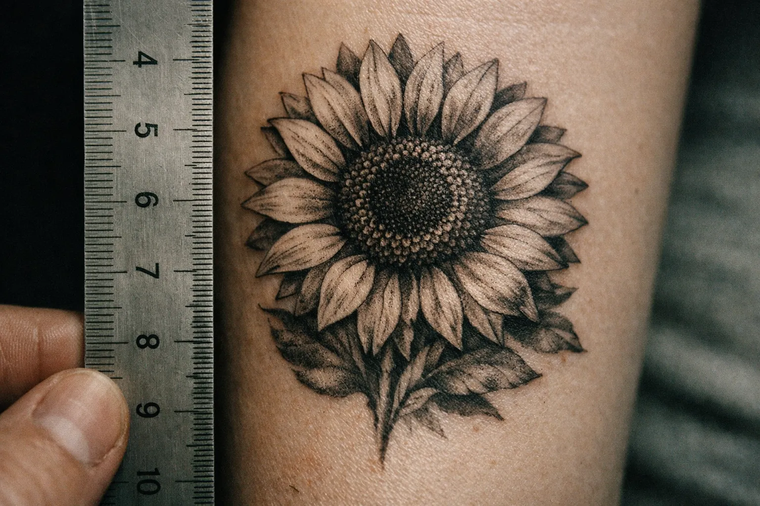 Sunflower tattoo on calf paired with a compass, illustrating meaning shift.