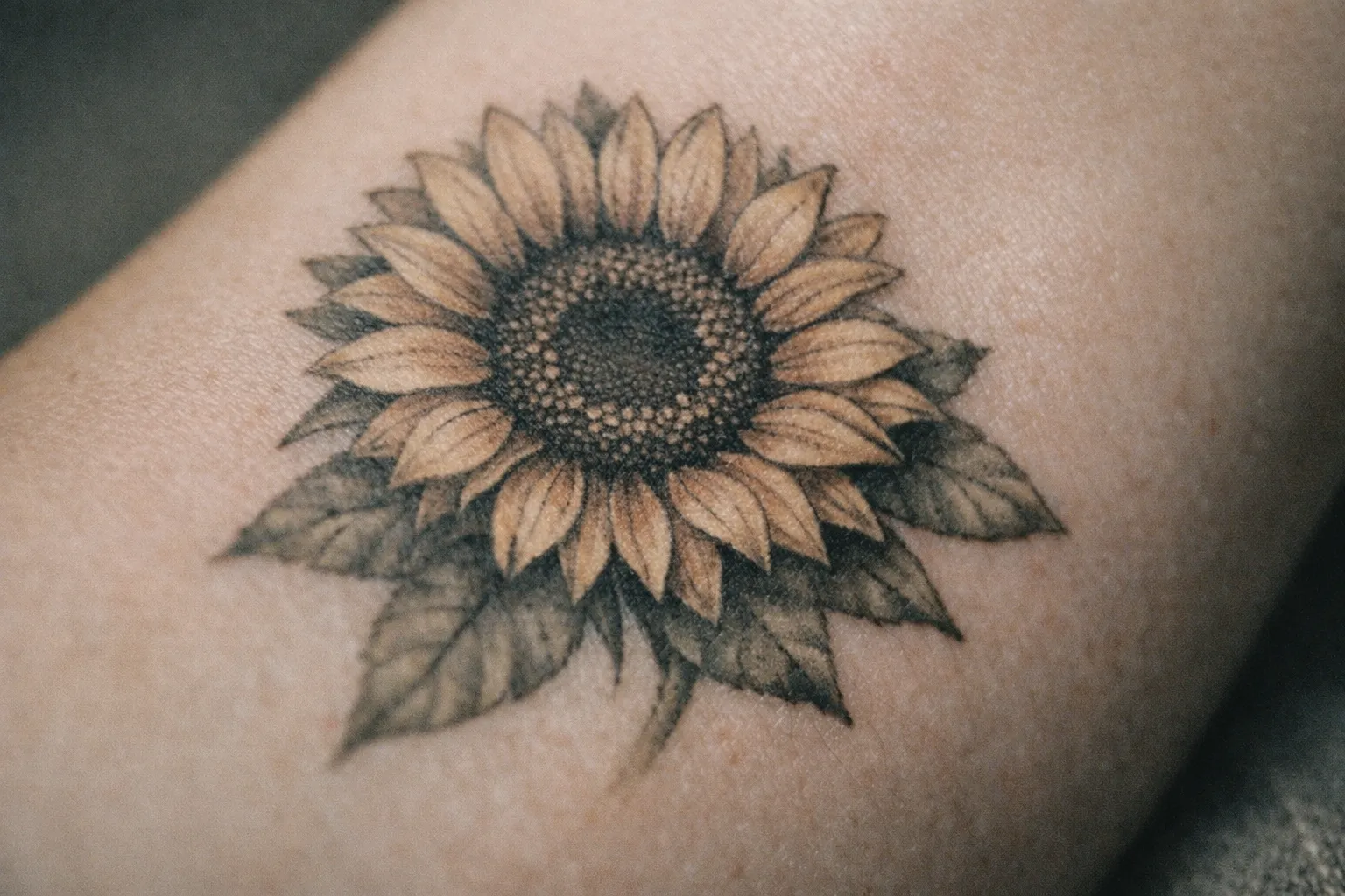 Poorly designed sunflower tattoo with uneven linework and faded shading.