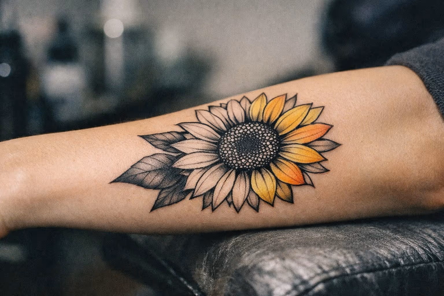Editorial close-up of a sunflower tattoo on healed skin, showcasing bold linework and rich color saturation.
