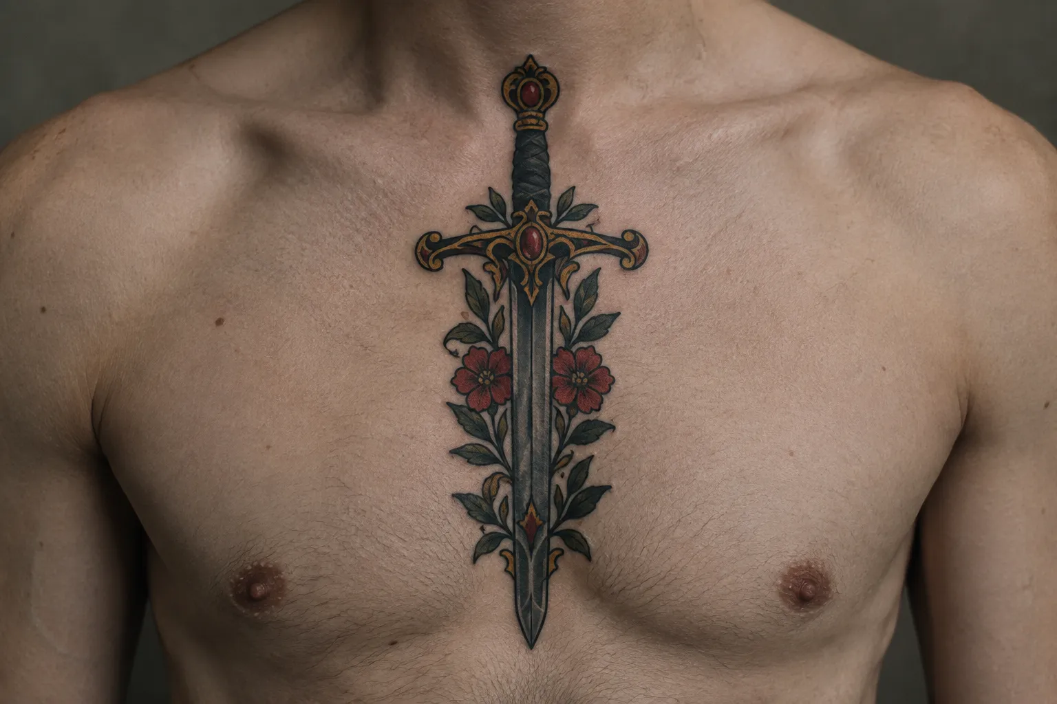 A man has an ornate sword tattoo with flowers running vertically down the center of his chest.
