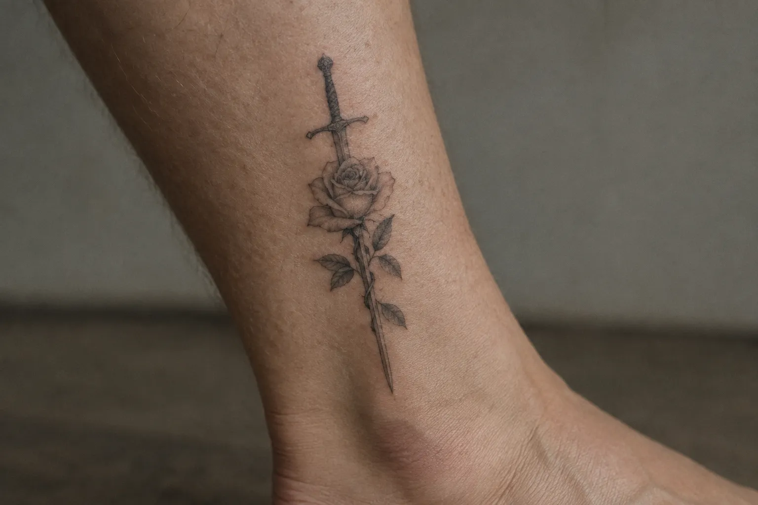 A sword entwined with a rose is tattooed on a person's lower leg above the ankle.