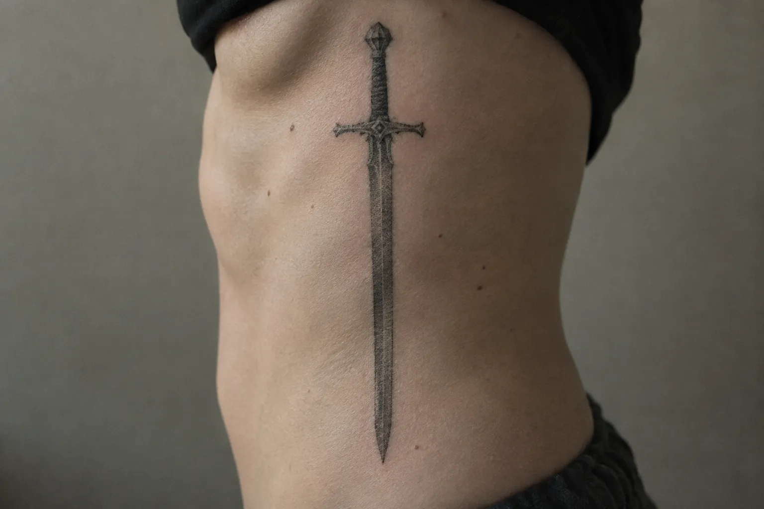 A person has a long sword tattoo running vertically along their side.
