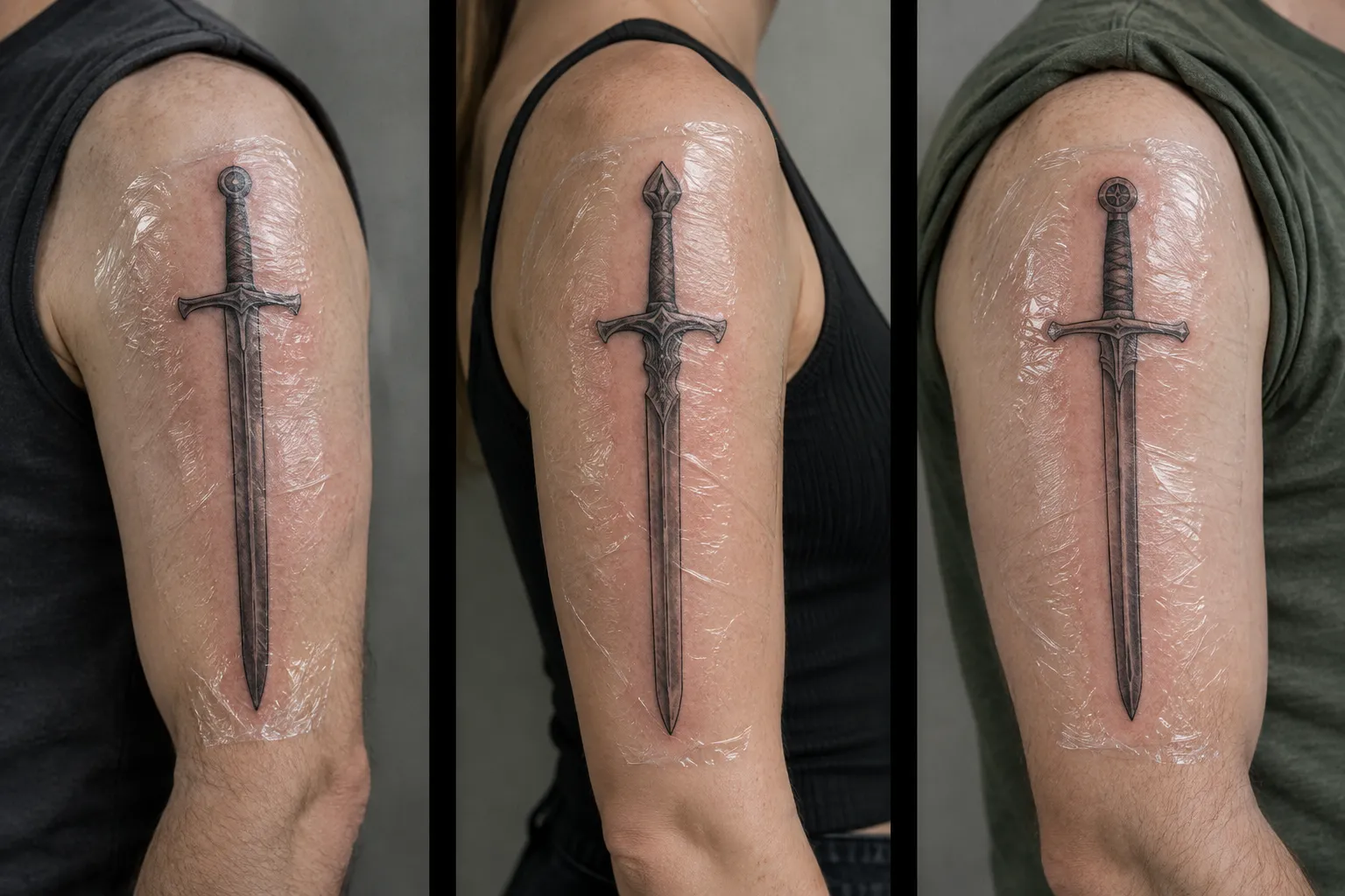 Three freshly tattooed swords on upper arms, each still under clear protective film.