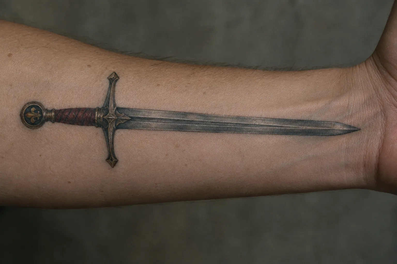 A detailed sword tattoo stretches across a person's forearm.