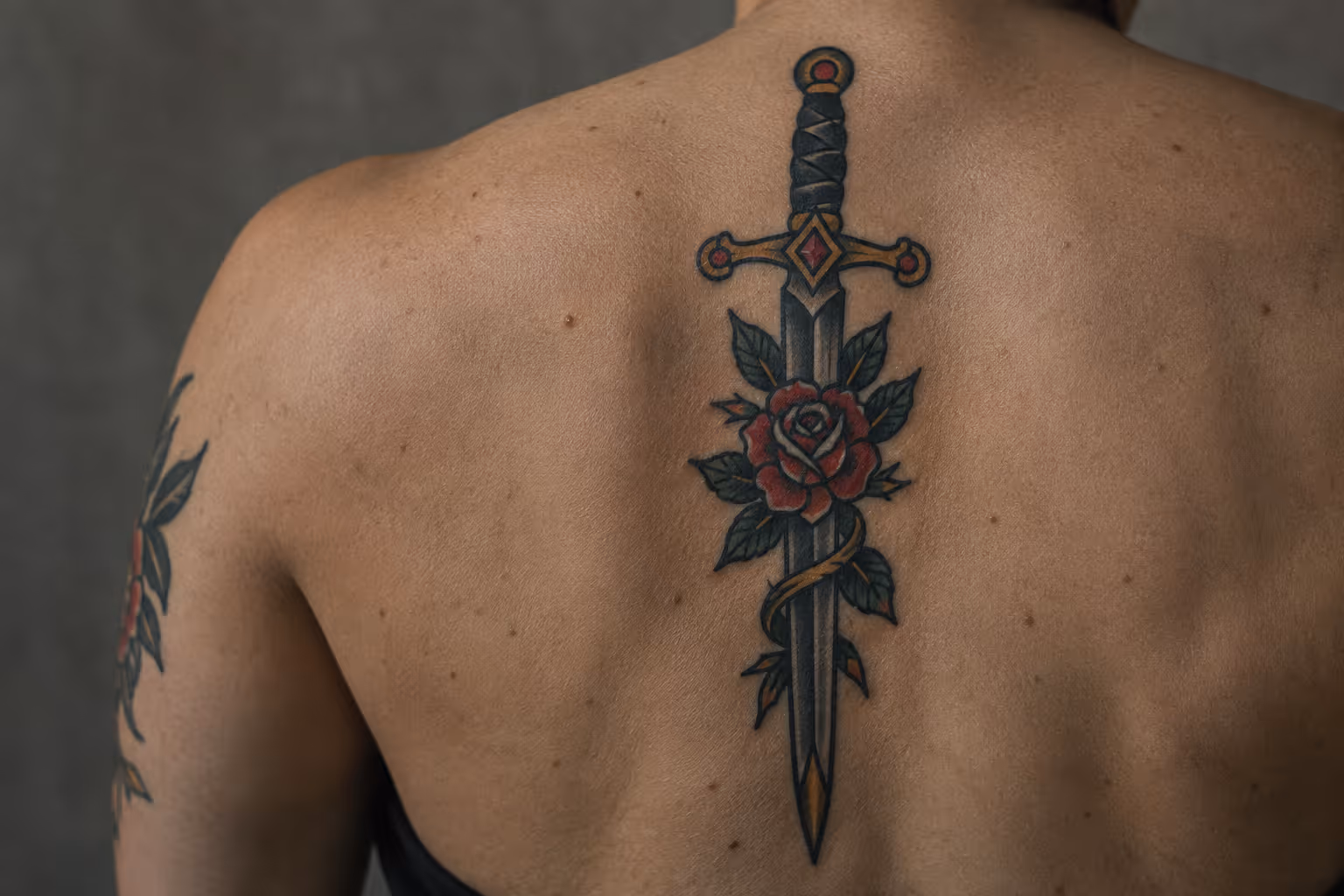 A person has a rose-wrapped sword tattoo running down the center of their back.