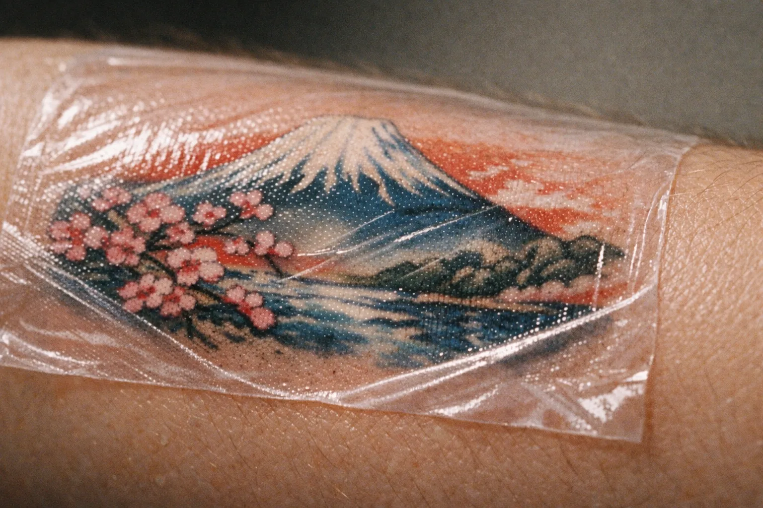 Forearm tattoo covered with a thin adhesive bandage (second skin) with textured surface