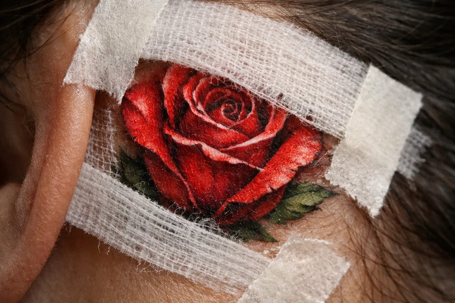 A fresh red rose tattoo behind an ear is covered with gauze and tape.