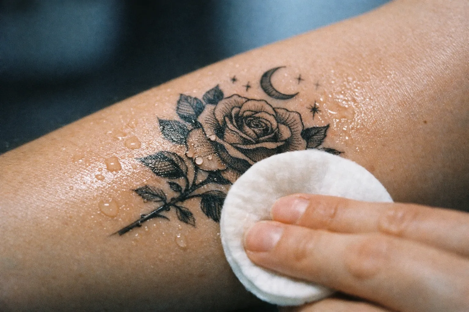Forearm tattoo being gently cleaned with a cotton pad
