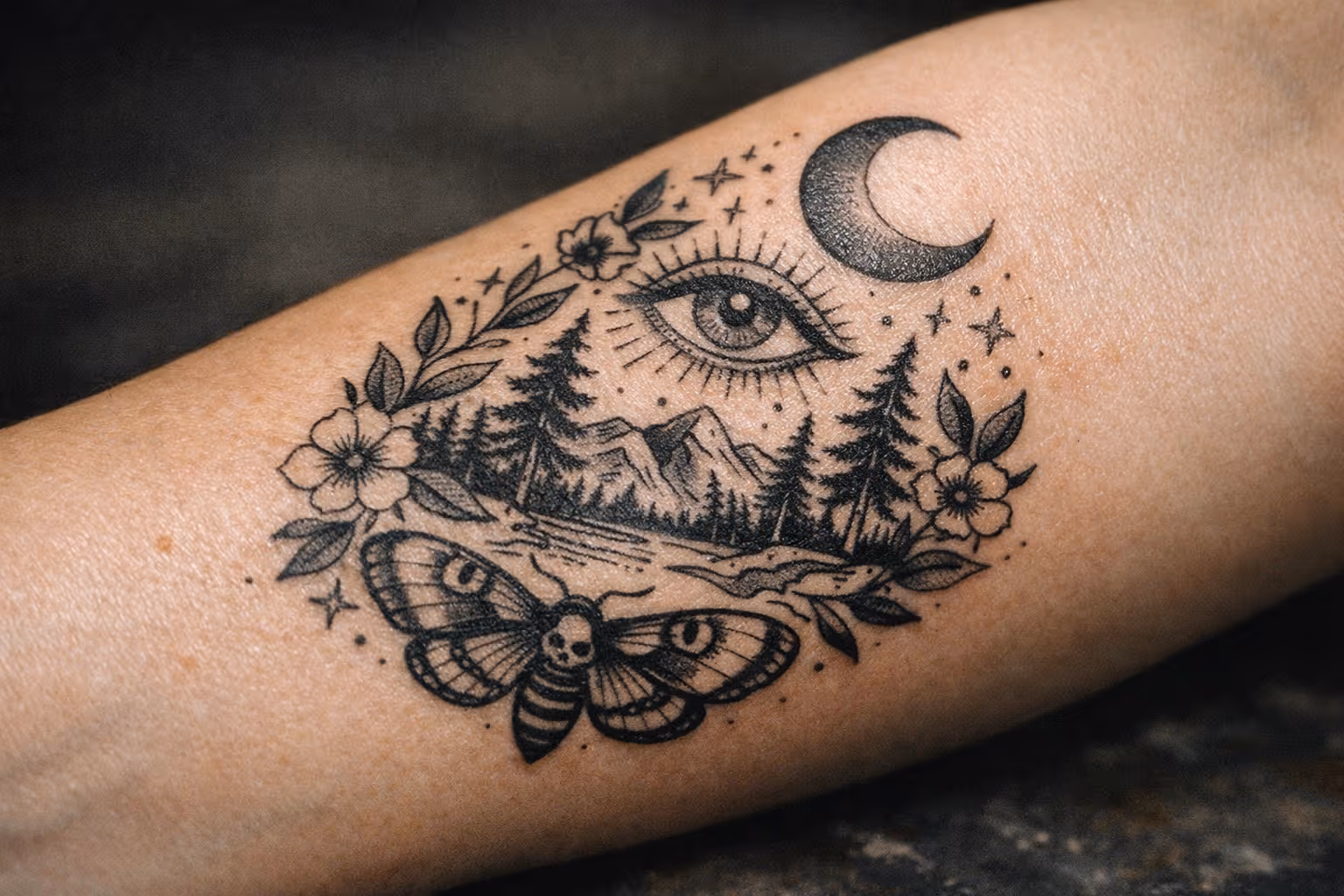 Hero close-up of a forearm tattoo in healing, studio lighting highlighting ink depth and skin texture