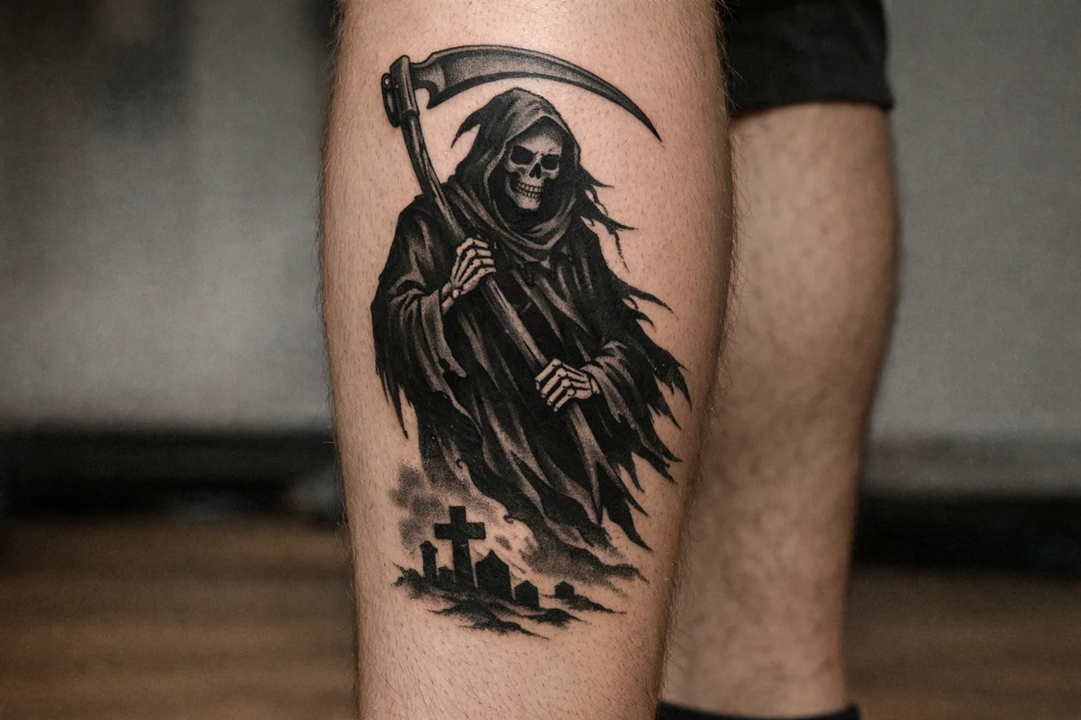 A person with a large grim reaper tattoo on their calf in an indoor setting.