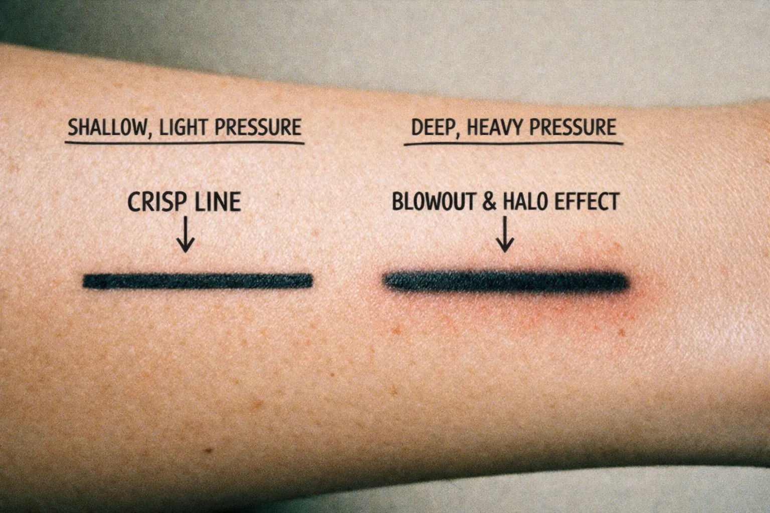 Forearm tattoo patch highlighting variation in line depth to show contributing factors