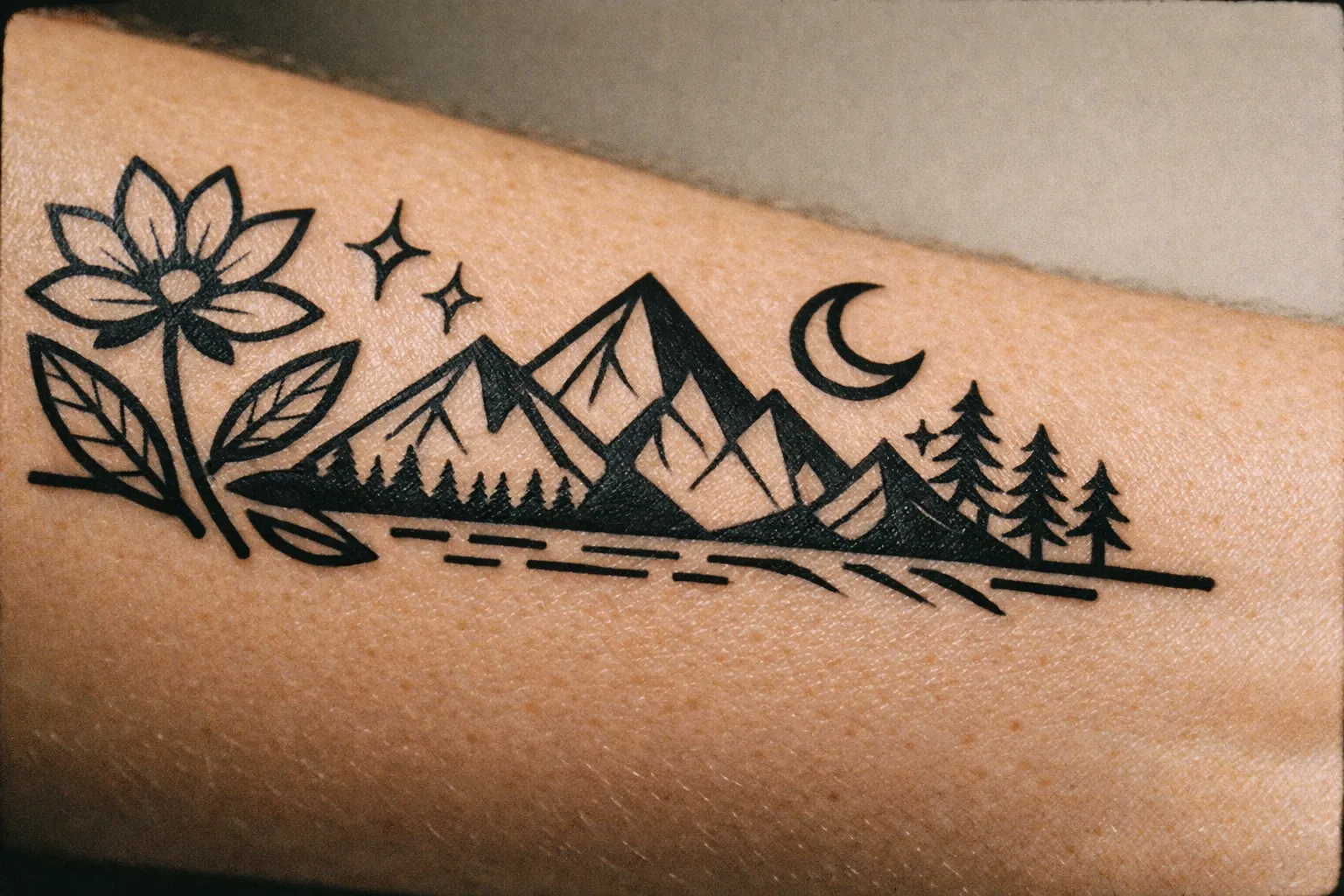Crisp linework on a healed forearm tattoo illustrating good technique and prevention