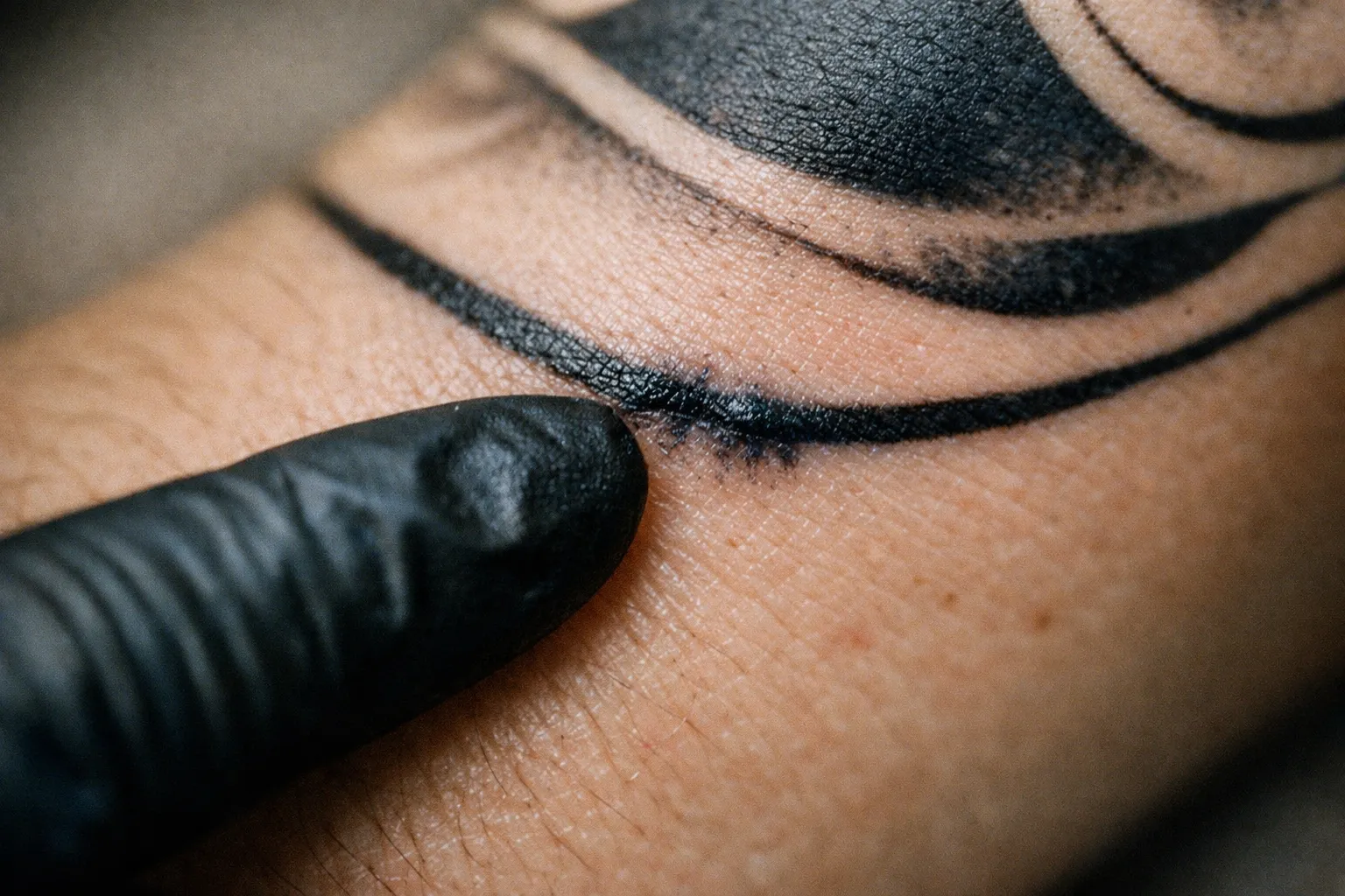 Gloved finger pointing to blowout on forearm tattoo for diagnostic guidance