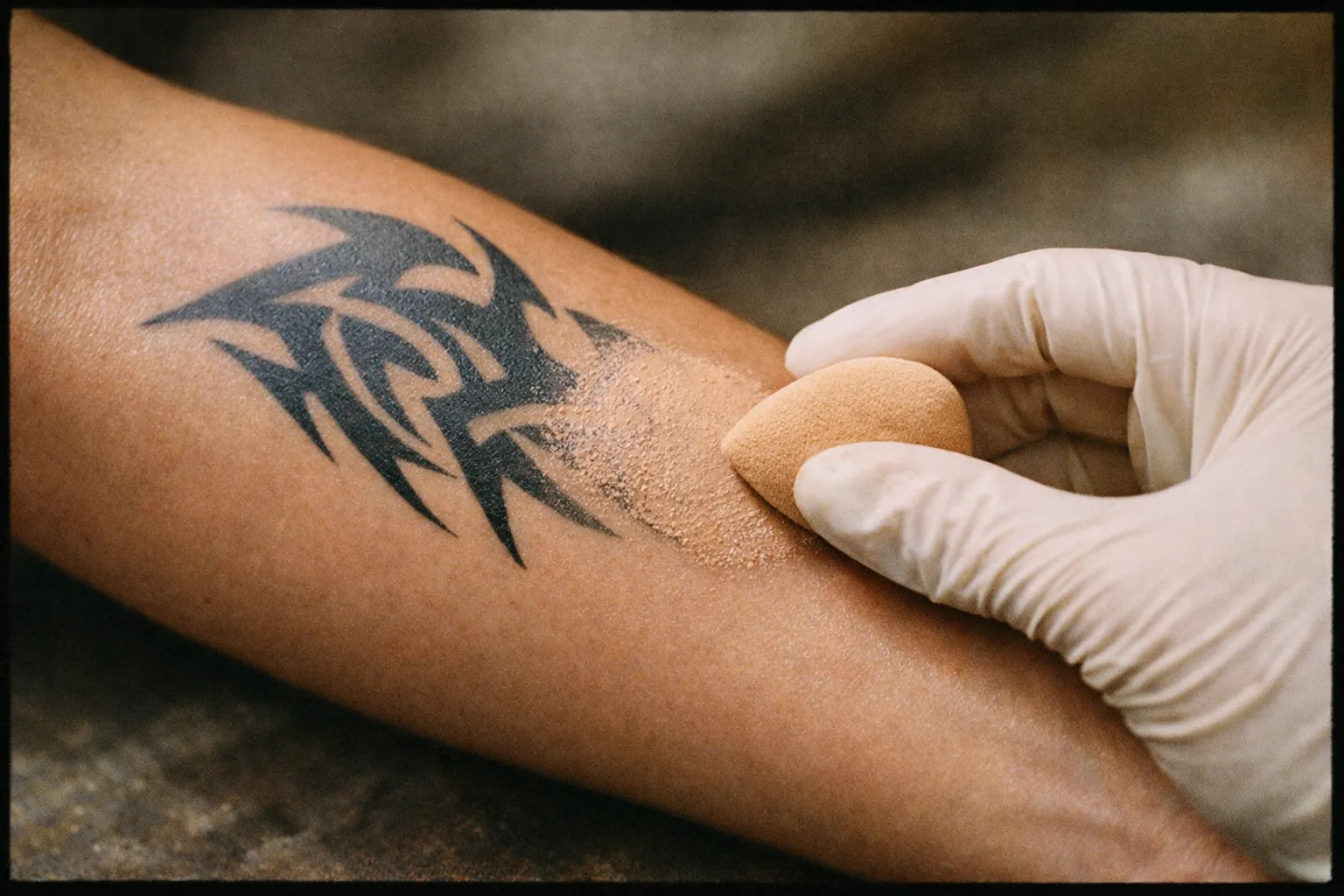 Forearm with tattoo being concealed by makeup using a sponge in a soft studio setting.