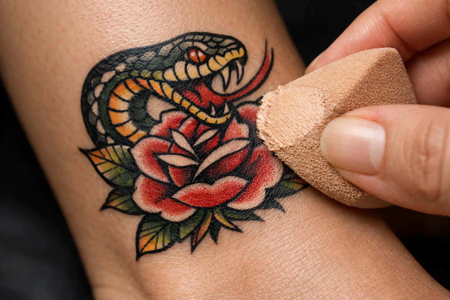 A hand applies makeup to cover a colorful snake and rose tattoo on skin.