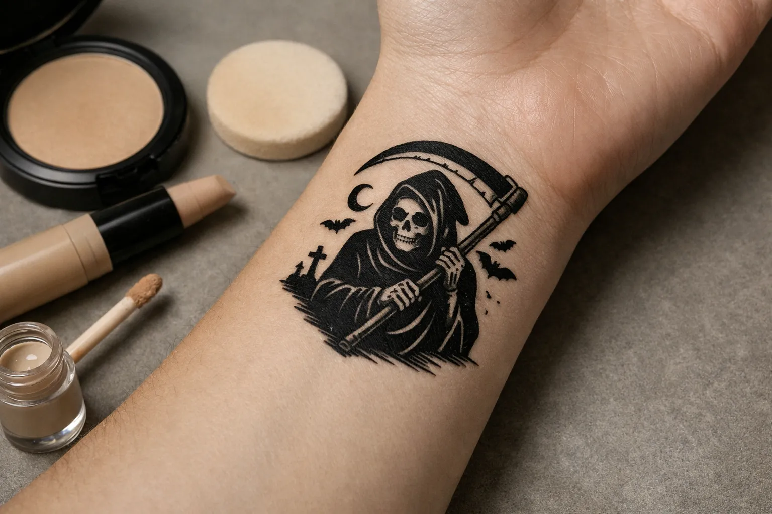A forearm with a grim reaper tattoo is shown next to makeup products on a table.