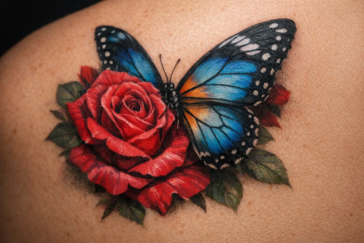 A realistic tattoo of a blue butterfly and red rose on a person's shoulder.