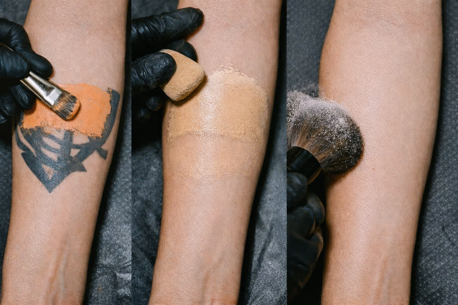 Editorial close-up of a forearm tattoo being concealed with makeup in a soft-lit studio.