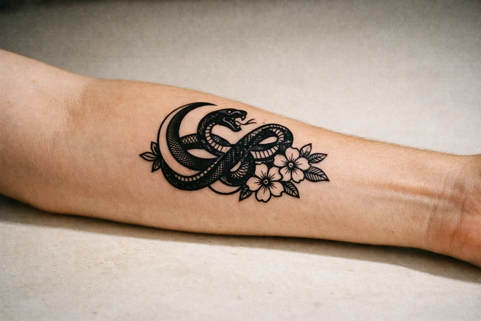 Close-up of a healed forearm tattoo with delicate black botanical linework on sensitive skin.