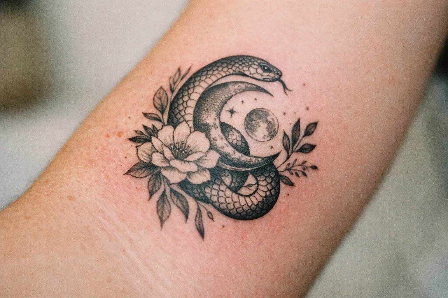 Forearm tattoo with pristine healing and even skin