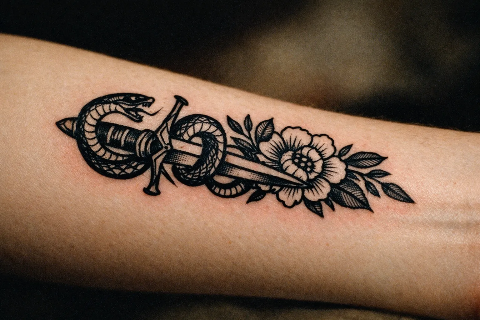 Forearm tattoo with minor skin irregularity near the ink