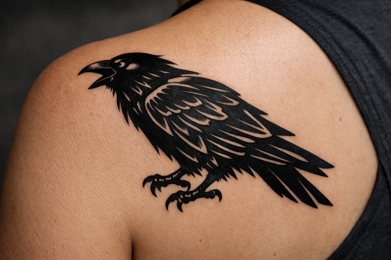A large black raven tattoo is inked on a person's upper back near the shoulder.