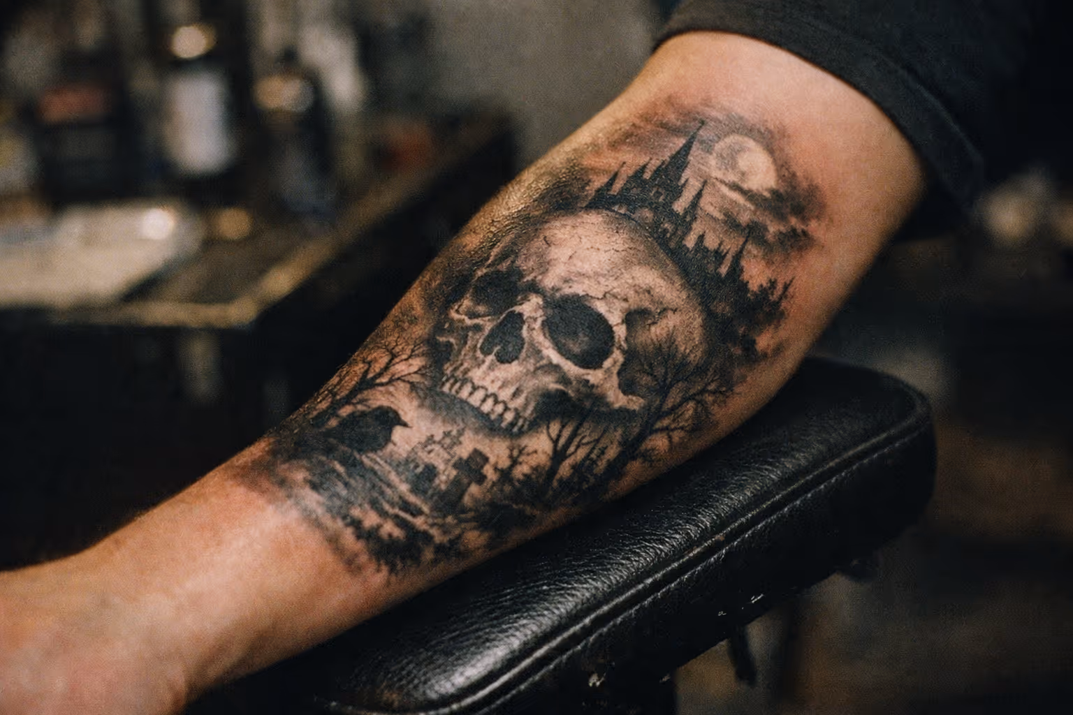 Editorial close-up forearm tattoo establishing the article style