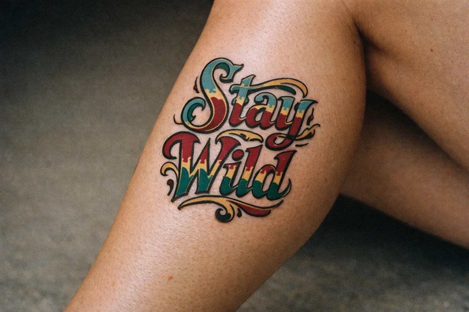 A person's leg with a colorful cursive 'Stay Wild' tattoo on the calf.