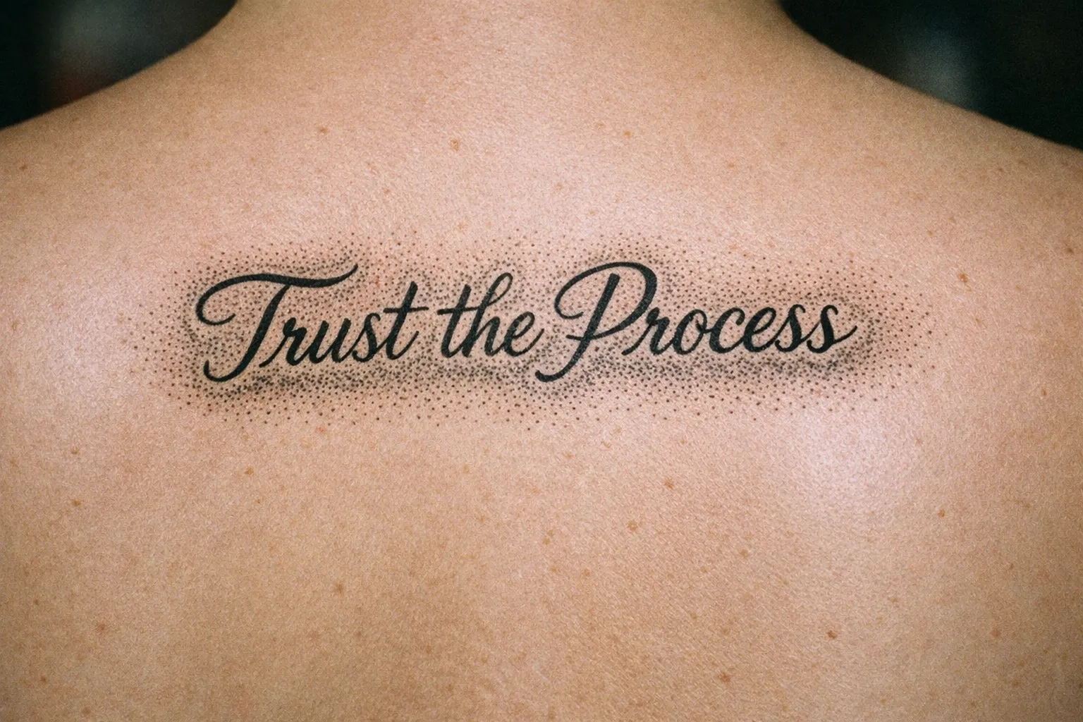 A person's upper back with a cursive script tattoo reading 'Trust the Process'.
