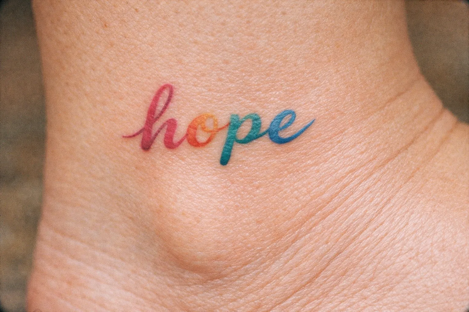 A colorful cursive 'hope' tattoo on the side of a person's ankle.