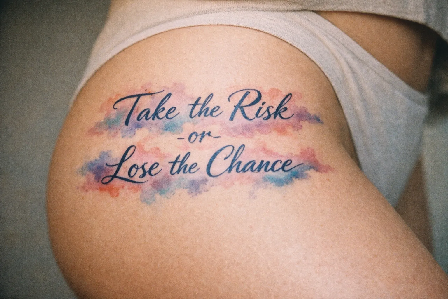 A person's hip with a cursive script tattoo reading 'Take the Risk or Lose the Chance' over watercolor shading.