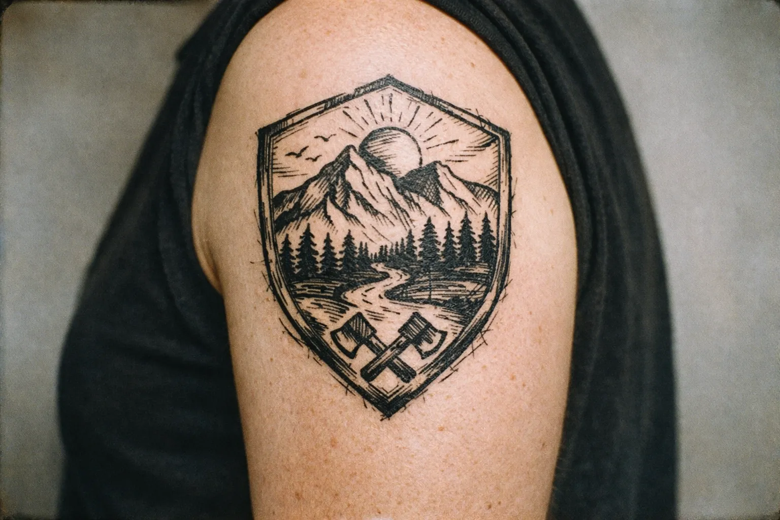 A person shows a tattoo of a mountain landscape and crossed axes on their upper arm.
