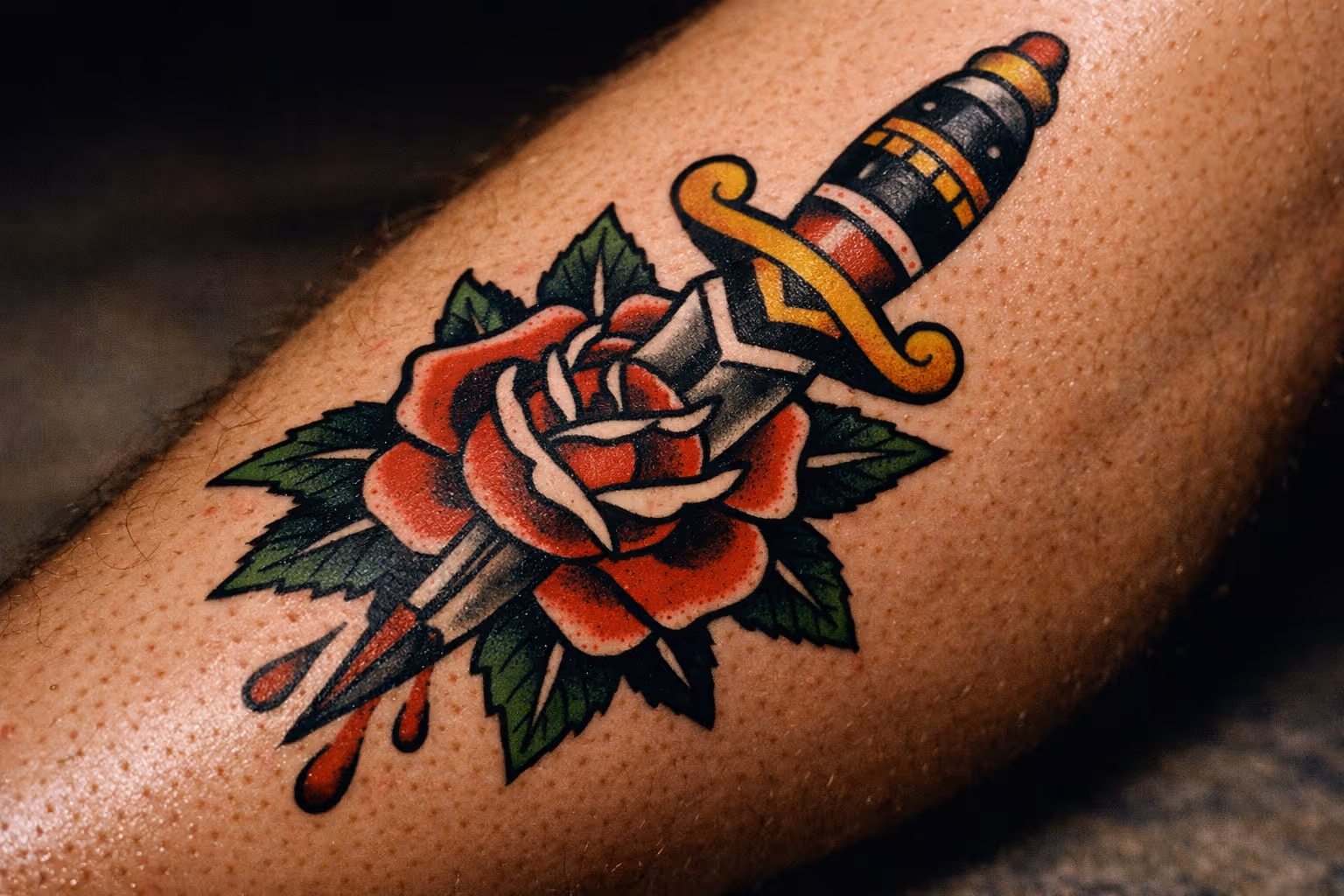 A traditional-style tattoo of a dagger through a rose on a person's leg.