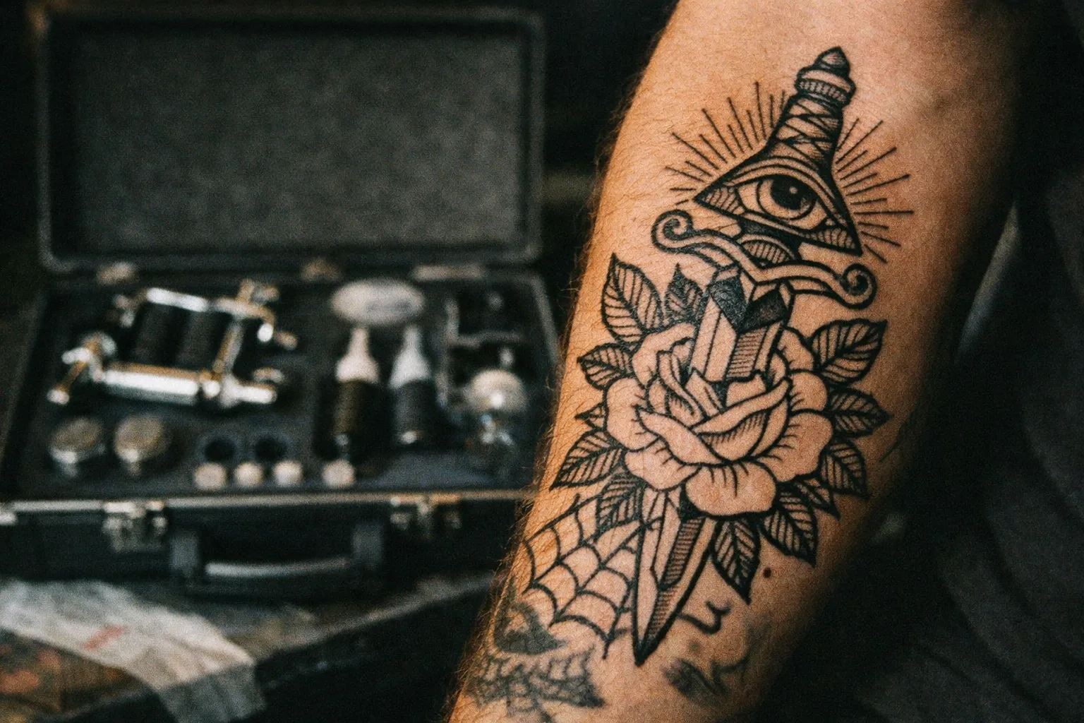 Close-up of a forearm with bold linework, with an unlabeled open tattoo gun kit and components blurred in the background