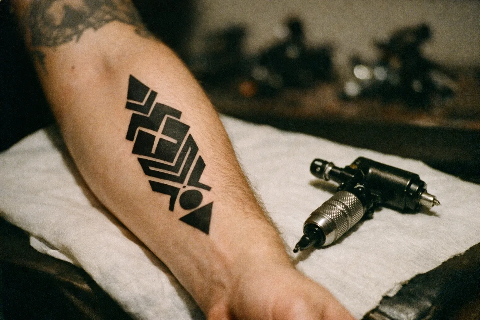 Forearm tattoo with a geometric design, a single rotary machine beside the arm, with other machine silhouettes blurred in the background
