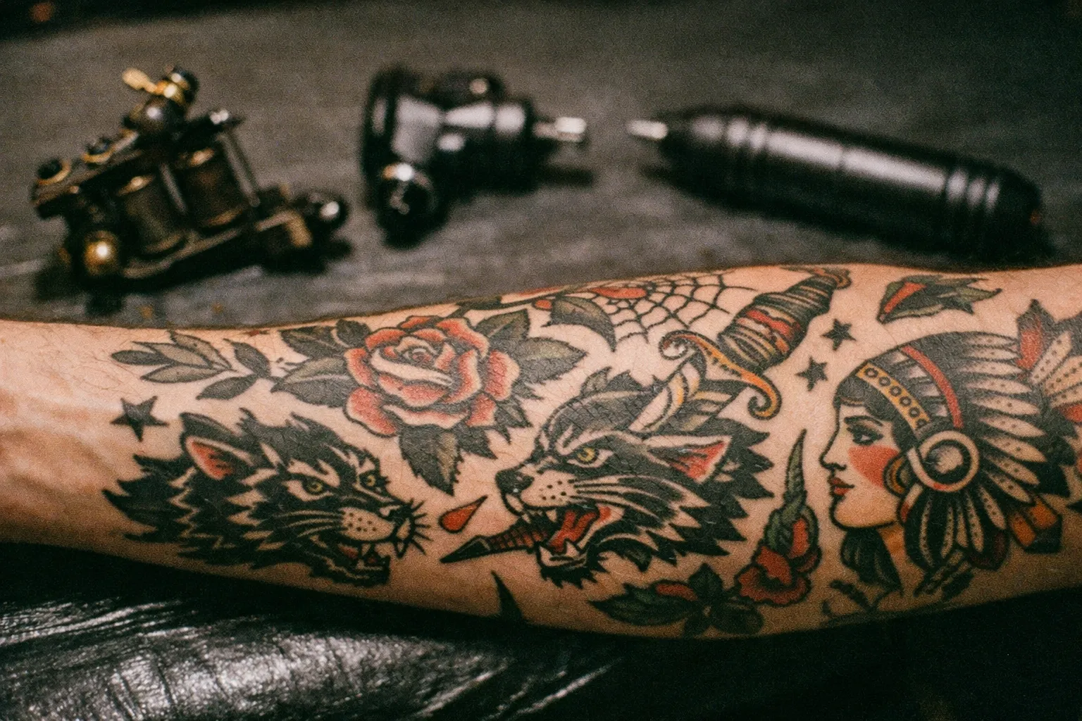 Forearm tattoo with three machine silhouettes around the arm, showcasing their shapes while keeping skin in focus